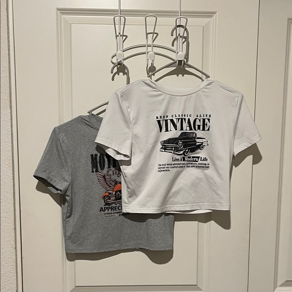 SHEIN Vintage Graphic Crop Tops - White and Gray